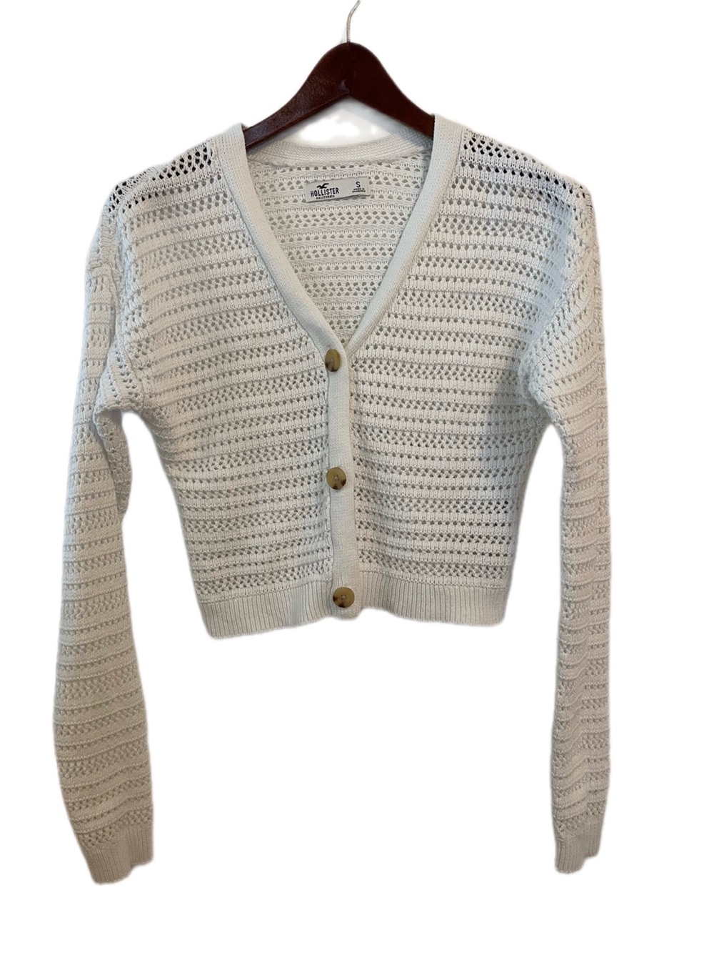 Hollister Cardigan Small Easy Open-Stitch Crochet-Style White V-Neckline
